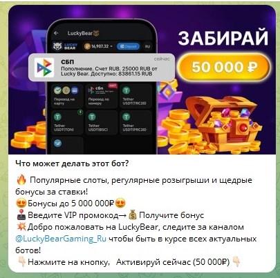 Первое сообщение от бота Lucky Bear в Telegram